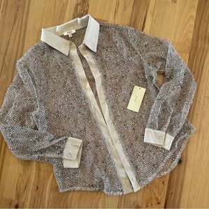 Anthropologie Sheer Mesh Beige Button-Up Shirt